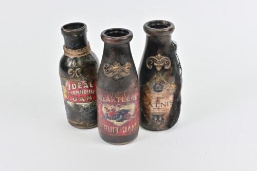 NOVELTY BOTTLES: Three pint size decoupage decorated vintage bottles, one with Halloween theme