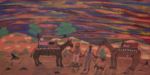 DORIS THOMAS (BORN 1948), Horse Riding Out Bush, Synthetic polymer paint on linen, 50 x 100cm