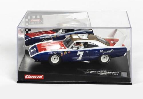 PLYMOUTH: A NOS 1:32 scale Carrera 'Evolution' Superbird Plymouth 2003 slot car , blue; in original perspex sealed box.