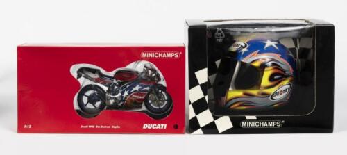 DUCATI: A NOS 1:12 scale Minichamps Ducati 998S #155 Ben Bostrom & A NOS 1:2 scale Minichamps Helmet
