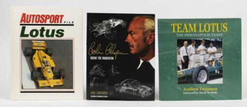LOTUS: Three hardcover books detailing Lotus cars and history. 'Colin Chapman - INSIDE THE INNOVATOR' by Karl Ludvigsen