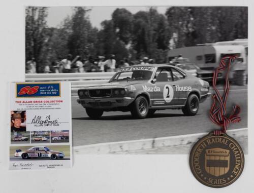 GRICE: A group of memorabilia featuring Allan Grice items. Winner Medal from 'GOODRICH RADIAL CHALLENGE SERIES, B.F.Goodrich, Round 3, 1976 Sandown Winner (2001 to 3000cc)'
