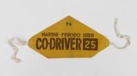 HARDIE FERODO ARM BAND: A 1974 Hardie Ferodo 1000 'CO-DRIVER 25' arm band. As used by Geoff Perry and Fred Sutherland driving a BMW 3.0 Si