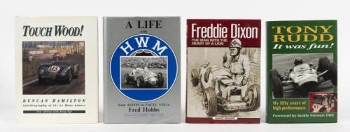 ENGLISH RACE DRIVERS: Four hardcover books detailing the careers of English racing car drivers. 'A LIFE WITH HWM' autobiography by Fred Hobbs