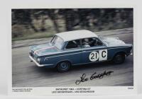 GEOGHEGAN: A colour picture by Three Phase Posters of Leo and Ian Geoghegan driving a Cortina GT at Bathurst in 1964. Picture signed by Leo Geoghegan