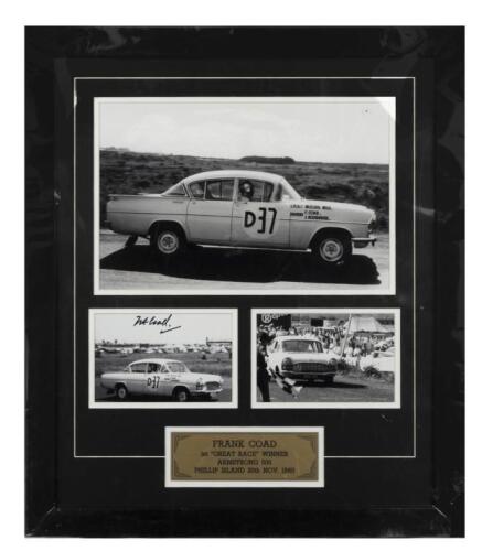 COAD: A framed group of three black and white pictures of Frank Coad driving a Vauxhall Cresta to victory at the first "GREAT RACE" - THE ARMSTONG 500, 1960. Frank Coad signature