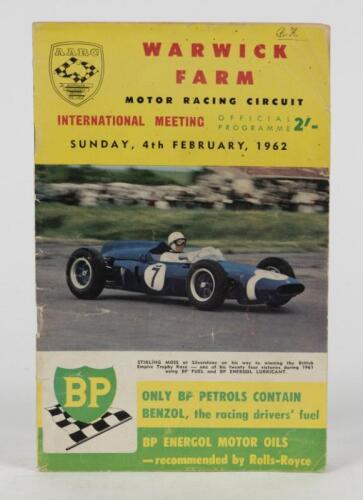 WARWICK FARM: A superlative Official Programme from 'WARWICK FARM INTERNATIONAL MEETING' Sunday, 4th February, 1962. Multiple racing car drivers signatures including Lorenzo Bandini, Bruce McLaren, Frank Matich, Bib Stillwell