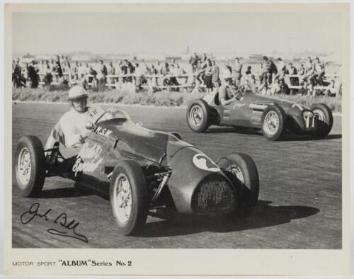 BRABHAM: An impressive &lsquo;MOTOR SPORT ALBUM&rsquo; series No.2 picture of Sir Jack Brabham's Cooper Bristol leading Lex Davison's H.W.M. Jaguar in the 1954 Victorian Trophy Race at Fisherman's Bend. Picture signed by Sir Jack Brabham