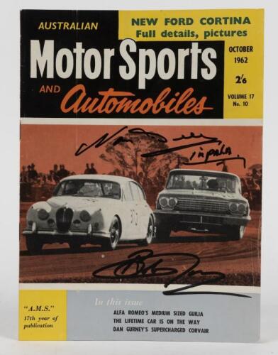 BEECHEY/JANE: A superb edition of October 1962 'AUSTRALIAN Motor Sports and Automobiles' magazine. Front cover signed by Bob Jane & Norm Beechey