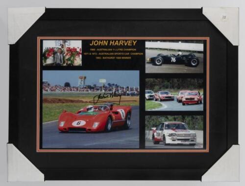 HARVEY: A framed collage of John Harvey colour pictures. Signed Australian Sports Car Champion picture