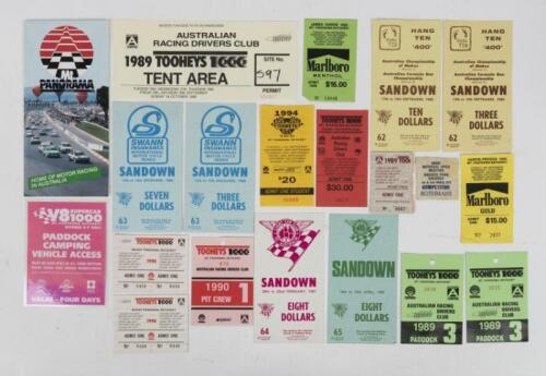 ENTRY/PIT PASSES: A collection of Entry and Pit Passes for various A.T.C.C and Supercar events. Hardie-Ferodo/James Hardie 1000 MT.PANORAMA entry tickets