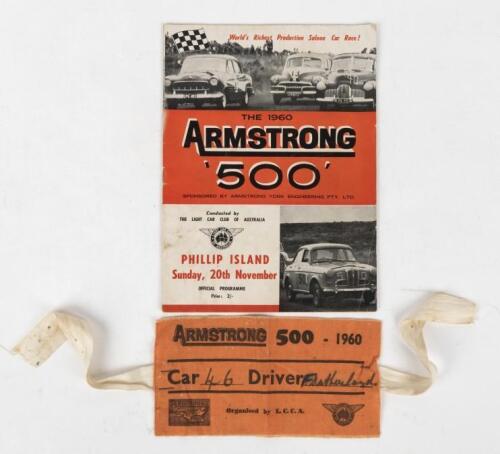 ARMSTRONG 500: Two interesting 1960 Armstrong 500 items. ARMSTRONG 500 - 1960 'Car 46' Fred Sutherland armband