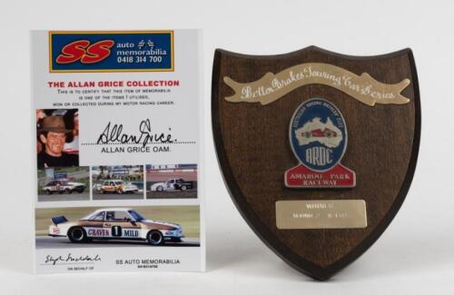GRICE: A group of memorabilia featuring Allan Grice items. Winner plaque from 'Better Brakes Touring Car Series - Amaroo Park Raceway - Winner Round 2 11-4-82'. CoA signed by Alan Grice