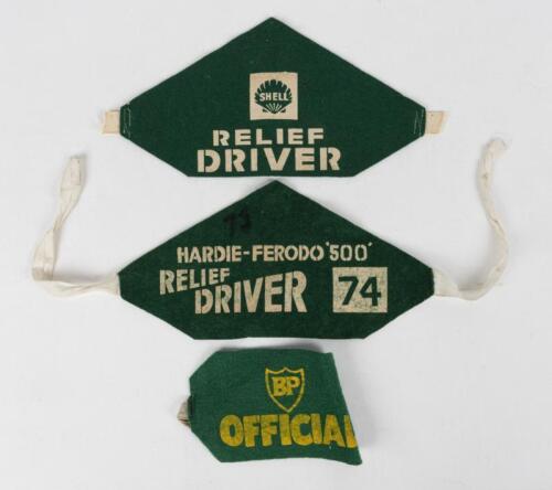 HARDIE FERODO: Three Hardie Ferodo Arm Bands. Fred Sutherland 'HARDIE-FERODO '500' RELIEF DRIVER '74' arm band from 1972 Hardie Ferodo 500, Bathurst