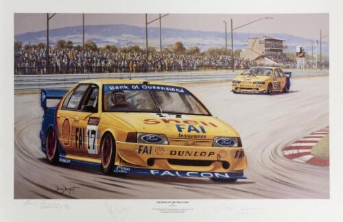 JOHNSON: A Brian Baigent print - 'MASTERS OF THE MOUNTAIN' - depicting The Ford Falcon of Dick Johnson and John Bowe on route to victory in the 1994 Tooheys 1000 at Mount Panorama Bathurst. Dick Johnson & John Bowe signatures. L.E 67/75