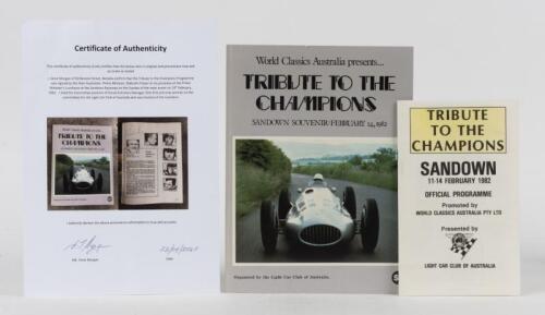 FANGIO: A set of documents from the 1982 'TRIBUTE TO THE CHAMPIONS' event held at Sandown International Motor Racing Circuit. Malcolm Fraser signature