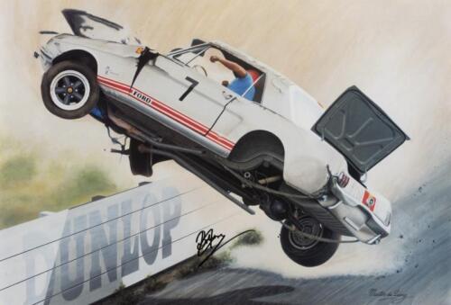 MUSTANG: A Martin de Lang print of Bob Jane crashing his Ford Mustang at Catalina Road Racing Circuit Katoomba NSW. Print signed by Bob Jane