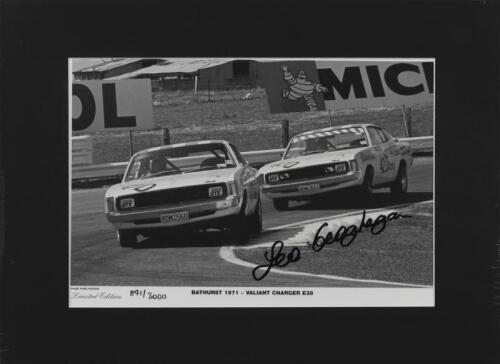 CHARGER: Two superb Bathurst 1971 Valiant Charger E38 black and white pictures by Three Phase Posters. Geoghegan, Chivas and Moore signatures