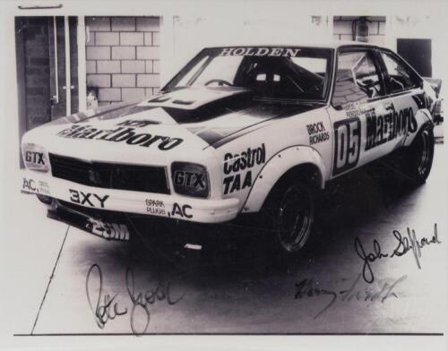 BROCK: A black and white picture of HDT A9X Torana. Signed by Peter Brock, Harry Firth and John Sheppard
