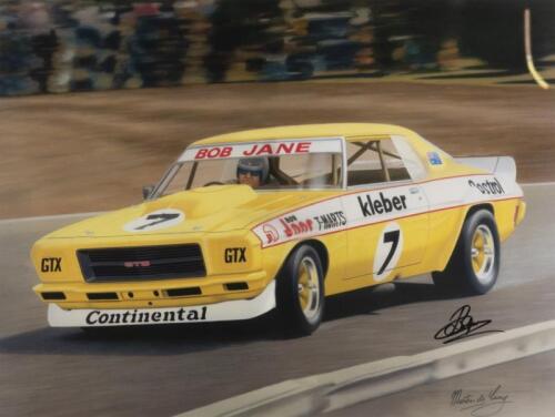 JANE/HOLDEN: Two Martin de Lang prints depicting Bob Jane racing a HQ Holden Kingwood Monaro GTS. Bob Jane signatures