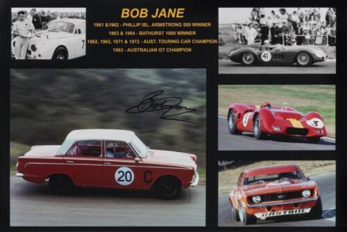JANE: A collage of various Bob Jane race cars. Bob Jane signature