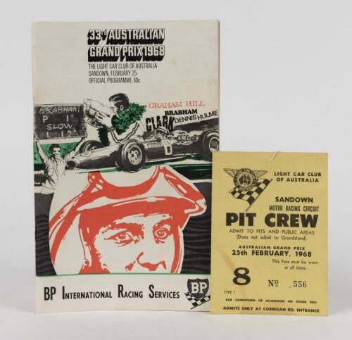 SANDOWN: A '33rd AUSTRALIAN GRAND PRIX 1968 - THE LIGHT CAR CLUB OF AUSTRALIA SANDOWN, FEBRUARY 25' Official Programme. With 'PIT CREW' Admission Ticket
