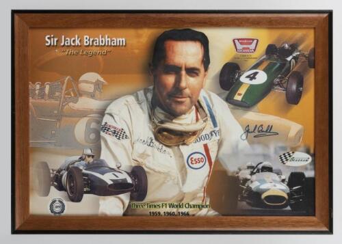 BRABHAM: A framed collage picture of 'Sir Jack Brabham - "The Legend" - depicting Sir Jack Brabham with three F1 World Championship winning race cars. Sir Jack Brabham signature (56 x 40cm)