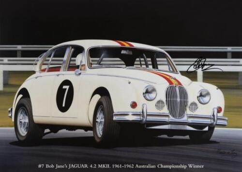 JANE/JAGUAR: Two Bob Jane Jaguar posters by Martin de Lang. E Type and MKII posters signed by Bob Jane