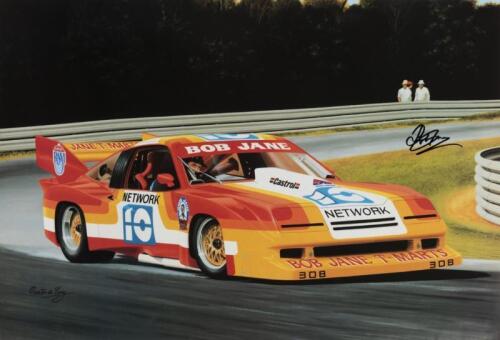JANE: Two Martin de Lang prints depicting Bob Jane racing A V8 LC Holden Torana Sports Sedan and Chevy Monza. Bob Jane signatures