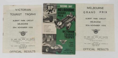 MELBOURNE GRAND PRIX: An original 1958 'SECOND DAY MELBOURNE GRAND PRIX - VICTORIAN TOURIST TROPHY, ALBERT PARK CIRCUIT' Official Programme. 'OFFICIAL RESULTS' booklet