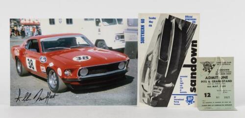 MOFFAT: Three items related to Allan Moffat's debut race at Sandown, 1969. Ford Mustang colour picture signed by Allan Moffat
