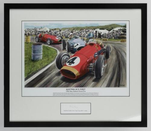 FERRARI/GAZE: A colour print depicting Tony Gaze leading Stirling Moss in the opening laps of the1956 New Zealand Grand Prix, Ardmore with Tony Gaze signature