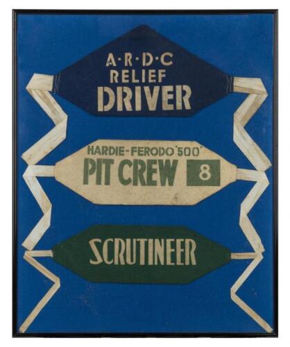 HARDIE FERODO: An interesting framed set of Hardie-Ferodo arm bands. 'HARDIE FERODO '500' PIT CREW 8' White Arm Band
