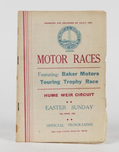 HUME WEIR: A rare Hume Weir Circuit Official Programme from Easter Sunday, 18th April, 1965, featuring Baker Motors Touring Trophy Race