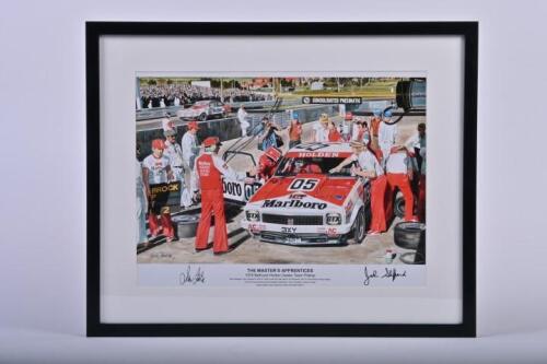 TORANA: A print - 'THE MASTER'S APPRENTICES' - depicting the 1978 Bathurst Holden Dealer Team Pitstop. Picture signed by John Sheppard & Ian Tate