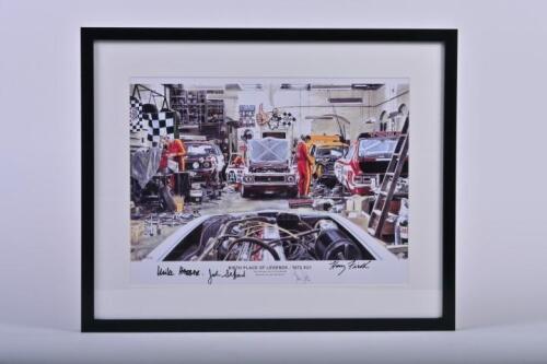 TORANA: Print "Birth Place of Legends &ndash; 1972 XU1" depicting a HDT Queens Avenue Hawthorn garage scene. Picture signed by Harry Firth, John Sheppard, Ian Tate