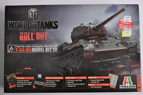 ITALERI: A 1:35 scale "WORLD OF TANKS" roll out T-34/85 Churchill III Soviet premium tank boxed model kit
