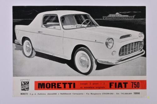 MORETTI: A rare factory Moretti S.p.A. Fiat 750 Coupe and Spyder single sheet double sided sales brochure