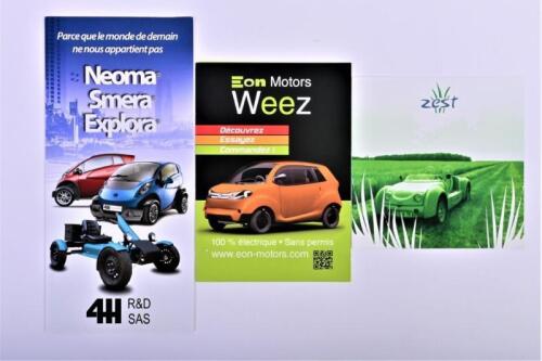 FRENCH MICROCARS: Three sales brochures detailing French microcars. 4H R&D, SAS, Eon Motors, Zest brochures