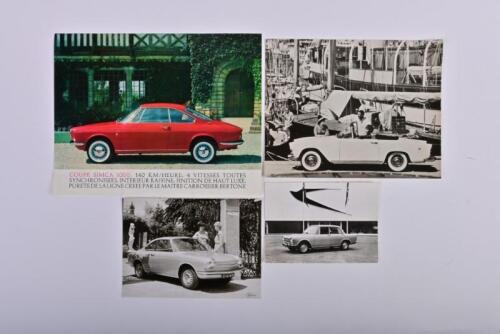 SIMCA: Four Simca items. 1963 Coupe Simca 1000 sales brochure & black and white Simca pictures
