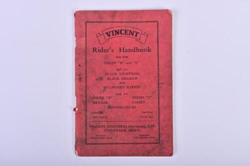 VINCENT: A 1955, eighth edition of 'VINCENT Rider's Handbook FOR THE SERIES "B" and "C" 998 c.c. BLACK LIGHTNING, BLACK SHADOW, STANDARD RAPIDE, COMET, METEOR' Motorcycles