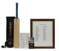CRICKET BATS: A cricket bat signed by Sir Donald Bradman and many notable cricketers and dignitaries, signature include Donald Bradman, John Howard, Kim Beazley and approximately forty Australian cricket legends, with framed printed list of signatories, l