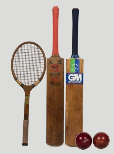 CRICKET BATS AND BALLS: Two vintage cricket bats and two new balls