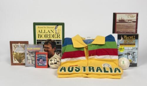 ALLAN BORDER: A collection of items relating to Allan Border, including a signed cricket ball signed by Allan Border and an Allan Border supporters polo shirt from the 1992 World Tour