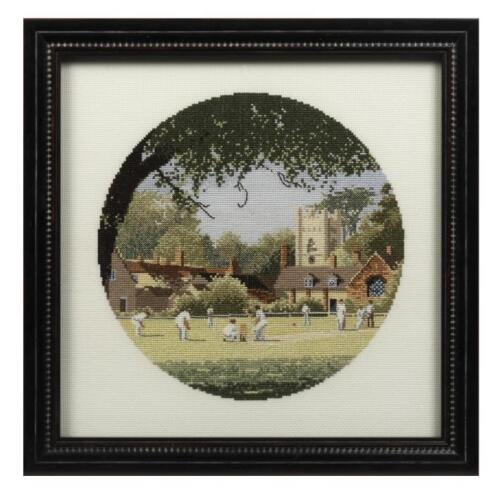 CRICKET IMAGES: A framed needlepoint depiction of a village green cricket match , together with three further cricket themed frames
