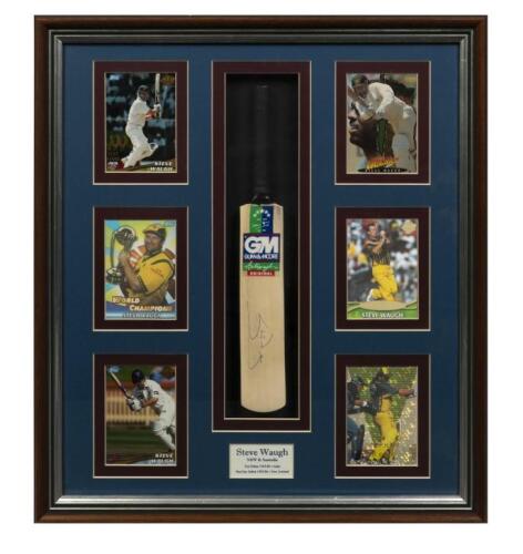 STEVE WAUGH: A miniature cricket bat signed by Steve Waugh in frame with six collectors cards, the frame 44 x 39cm
