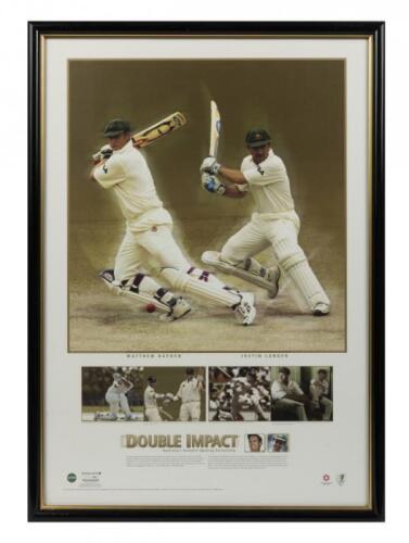 MATTHEW HAYDEN and JUSTIN LANGER: A framed limited edition commemorative print of the opening pair "Double Impact"