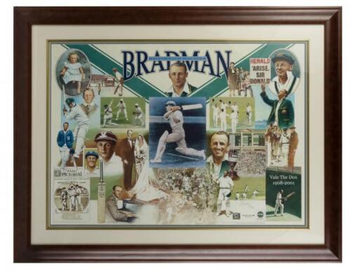 SIR DONALD BRADMAN: A framed limited edition poster "Bradman, First, Last & Always" by Brian Clinton, signed by Sir Donald Bradman and Brian Clinton, editioned 151 of 500 , framed and glazed, 83 x 107cm overall,&nbsp;accompanied with a COA from Geniune&nbsp; Legend