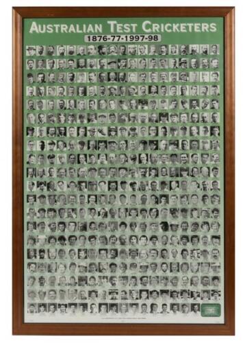 TEST CRICKETERS: A framed poster "AUSTRALIAN TEST CRICKETERS / 1876-77-1997-98" featuring black and white portrait photos of the 378 cricketers who appeared for Australia in Test matches from 1876-77 to the end of the 1997-98 season