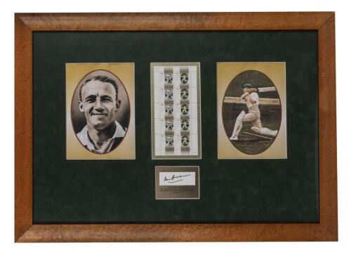 SIR DONALD BRADMAN: A framed strip of twelve commemorative Sir Donald Bradman stamps, 1997, presented to Alan Jones to commemorate the launch of the Australian Legends stamp, 25th January 1997, the frame 52 x 73cm
